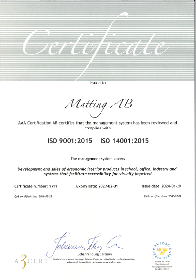 Matting AB ISO 9001, ISO 14001